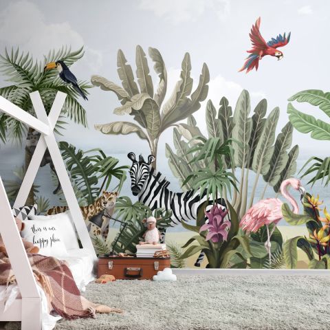 Kids Jungle View with Exotic Animals Wallpaper Mural