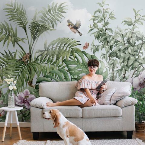 Tropical Leaves with Birds and Florals Wallpaper Mural