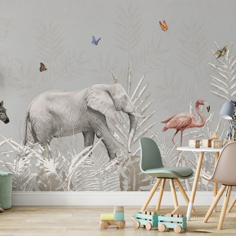 Tropical Animals with Leafs Wallpaper Mural For Children