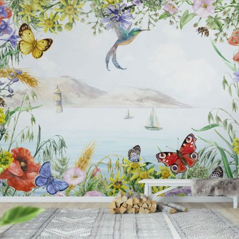 Sea View with Garden Flowers Wallpaper Mural