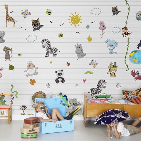 Cute Baby Animals with Sun Wallpaper Mural