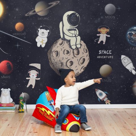 Astronaut and Animals in Space Wallpaper Mural for Children