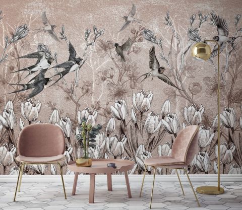 Flying Birds on Flowers Wallpaper Mural