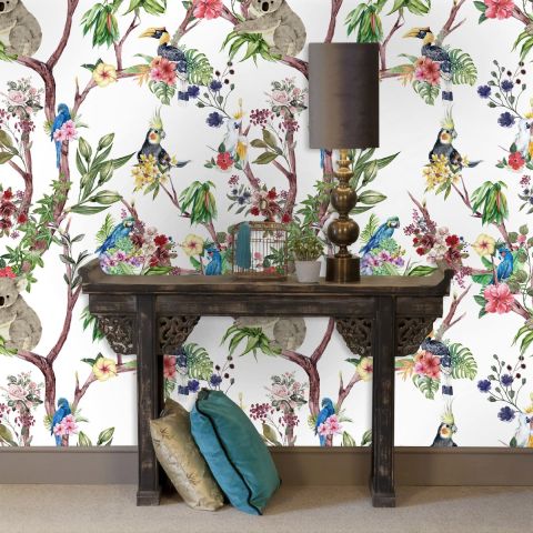 Animals on Flowering Tree Wallpaper