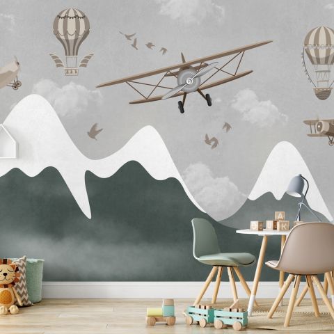 Kids Snowy Mountain with Plane and Balloons Wallpaper Mural