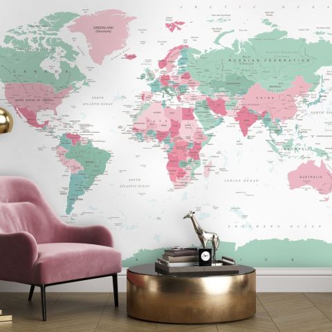 Pink and Green Political World Map Wallpaper Mural