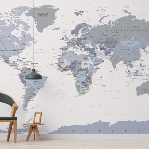 White and Purple Political World Map Wallpaper Mural