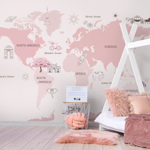 For Girls Pink Monochrome World Map Wallpaper Mural