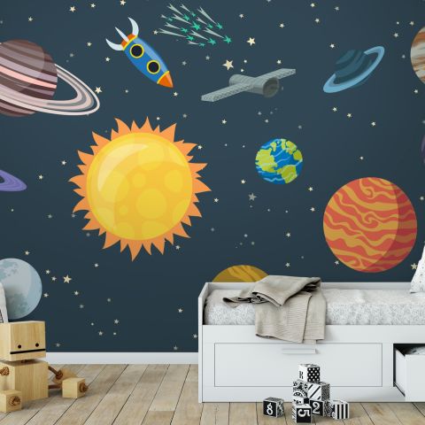 Kids Boys Watercolor Space and Solar System Wallpaper Mural