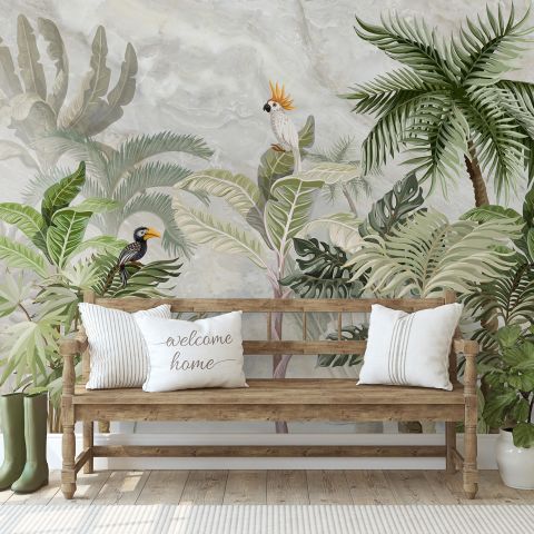 Green Tropical Forest with Parrot Wallpaper Mural