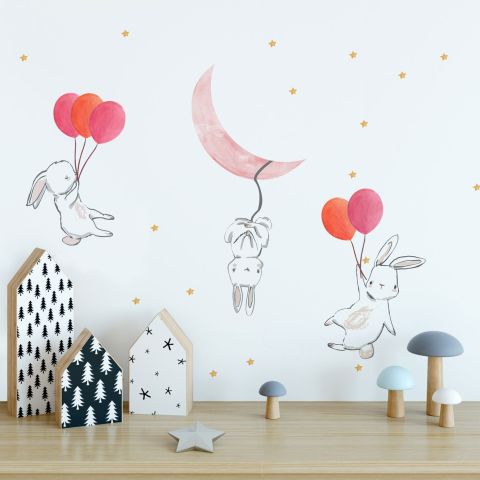 Kids Cartoon Rabbits with Colorful Balloons and Moon Wall Decal Sticker