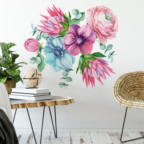 Watercolor Pink Protea with Ranunculus and Tulips Wall Decal Sticker