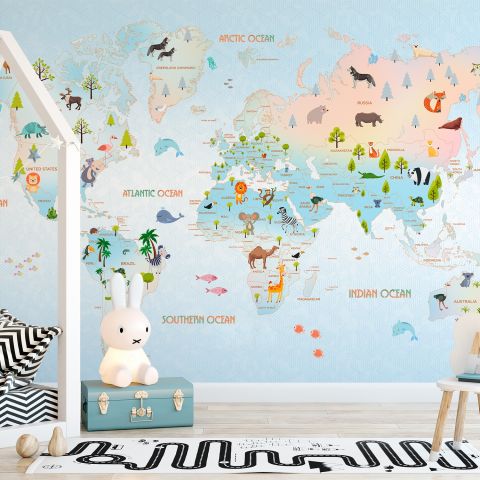 Kids Blue Pink Yellow World Map with Cartoon Animals Wallpaper Mural
