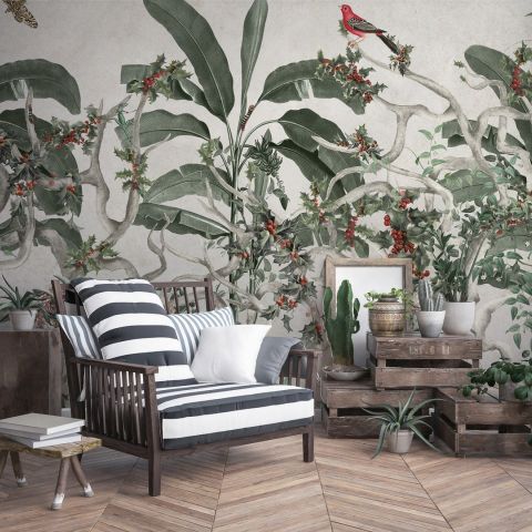 Tropical Leaves with Berries Wallpaper Mural