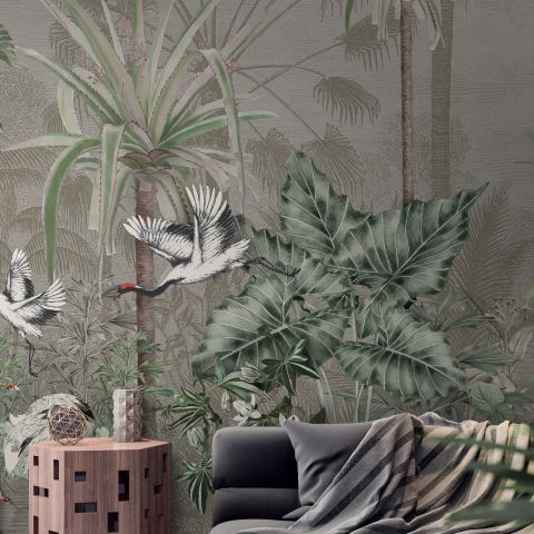 Retro Soft Forest with Stork Wallpaper Mural