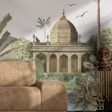 Vintage River Landscape with Mosque Historical Art Wallpaper Mural