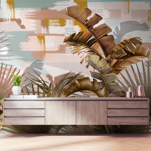 Tropical Leaf Painting with Brush Strokes Wallpaper Mural