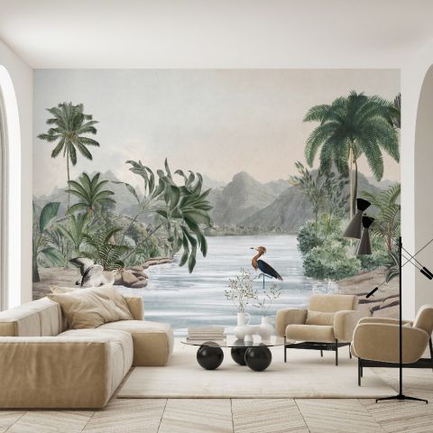 Tropical Nature Landscape with Birds Wallpaper Mural