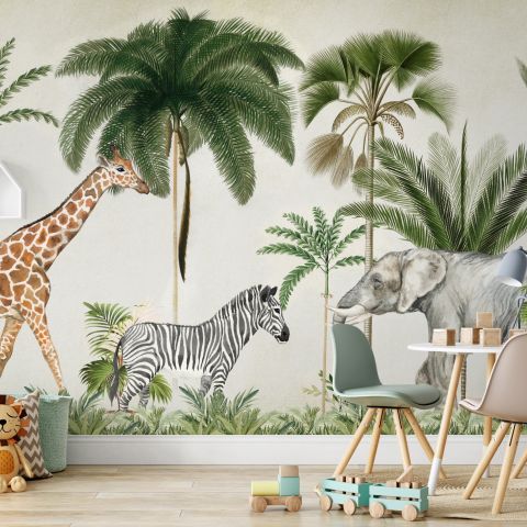 Kids Wild Tropical Animals with Palm Trees Wallpaper Mural