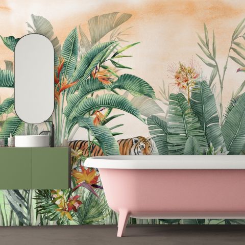 Tiger and Tropical Leaves Wallpaper Mural