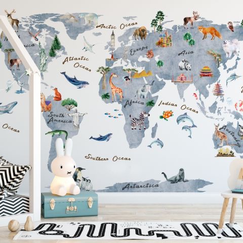 Animals on World Map Wallpaper Mural