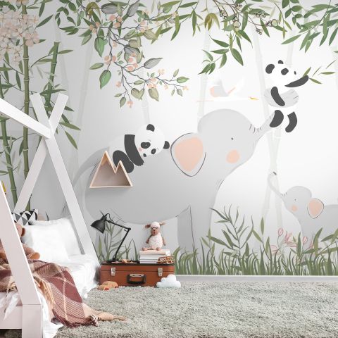 Panda Bear on Elephant Wallpaper Mural