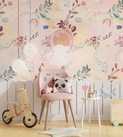Nursery Cute Clouds with Leafs Wallpaper Mural