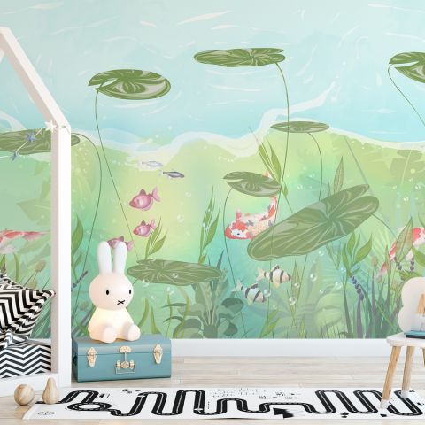 Nursery Lotus Leaf and Fish Wallpaper Mural