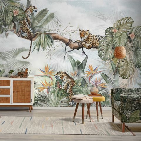 Leopards and Tropical Leaves Wallpaper Mural