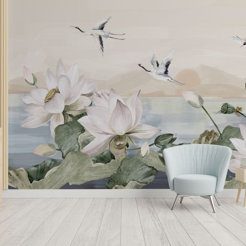 White Lotus Floral and Crane Birds Wallpaper Mural