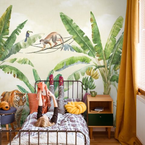 Watercolor Safari Animals in the Rainforest Wallpaper Mural for Kids