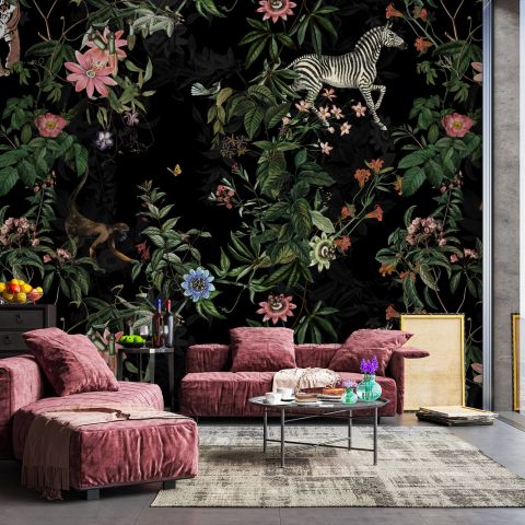 Dark Botanical Plants with Animals Wallpaper Mural