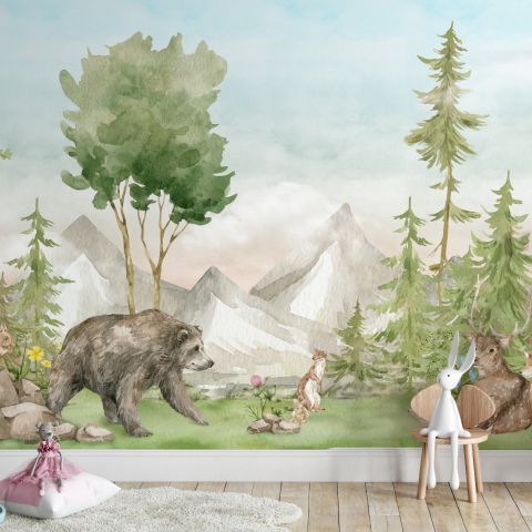 Kids Watercolor Pine Tree Forest with Animals Wallpaper Mural
