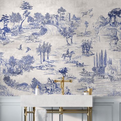 Vintage Monochrome Jouy Style Landscape Wallpaper Mural