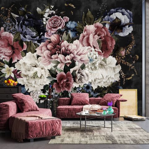 Watercolor Dark Peony Floral Wallpaper Mural