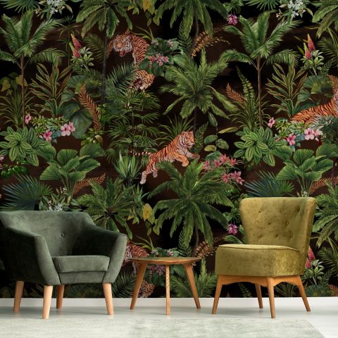 Dark Tropical Trees with Leopards Wallpaper Mural
