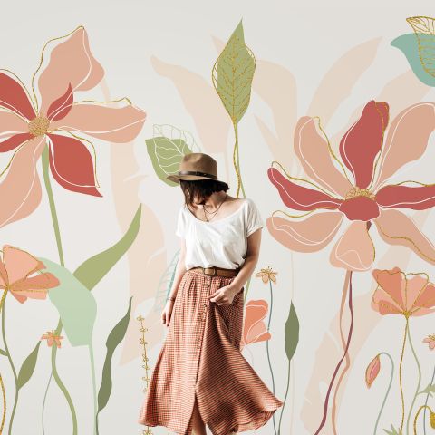 Gold Look Floral Garden Drawing Art Wallpaper Mural