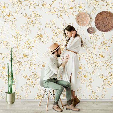 Gold Look Peony Floral Drawing Bright Flower Art Wallpaper Mural