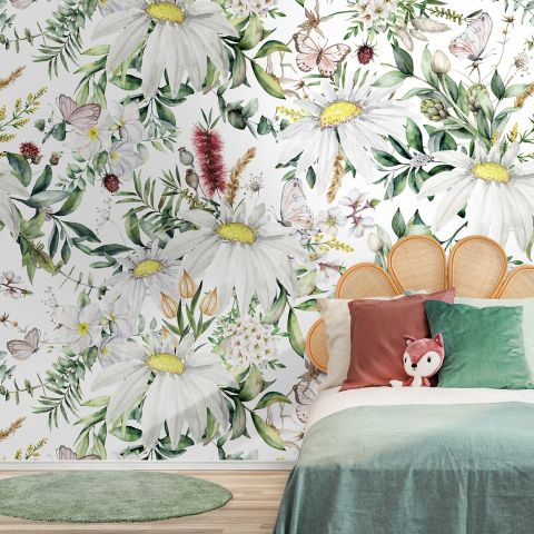 Bright Daisy Flower Bouquet with Green Leaves Wallpaper Mural