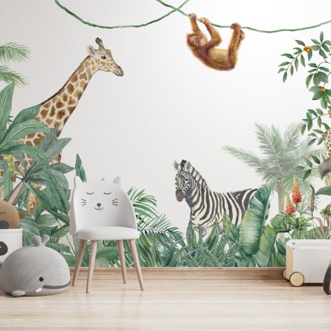 Cute Safari Animals with Jungle Kids Wallpaper Mural