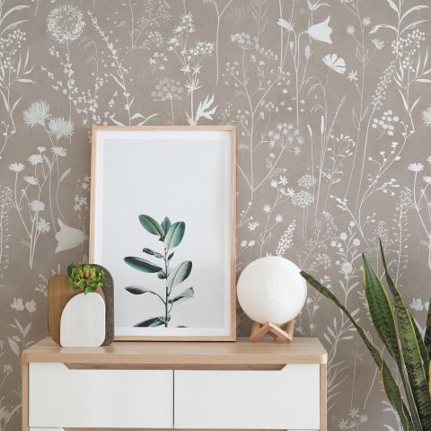 Bohemian Style Neutral Color Wild Flowers Art Wallpaper Mural