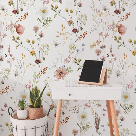 Watercolor Soft Wild Flowers Wallpaper Mural