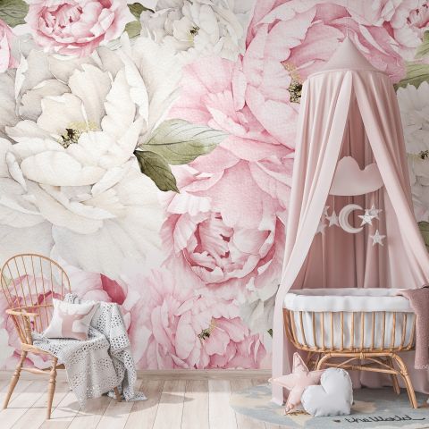 Watercolor Pink Peony Floral Blossom Wallpaper Mural