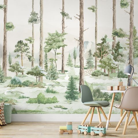 Kids Watercolor Forest Trees Wallpaper Mural