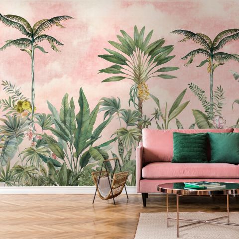 Watercolor Pink Tropical Chinoiserie Wallpaper Mural