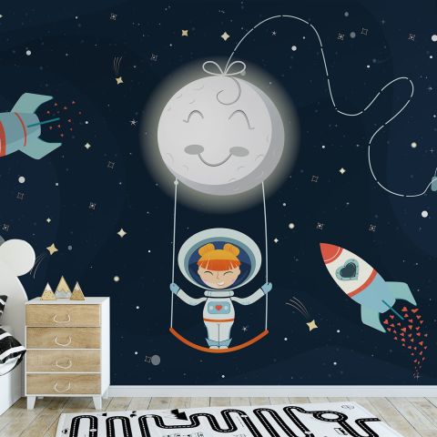 Astronaut Girls in the Space Ship Wallpaper Mural