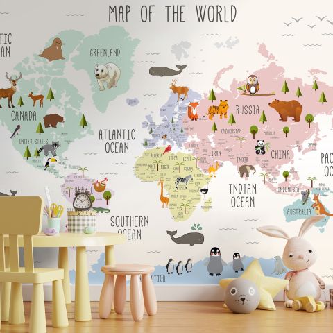 Kids Nursery Educational Continent World Map Wallpaper Mural