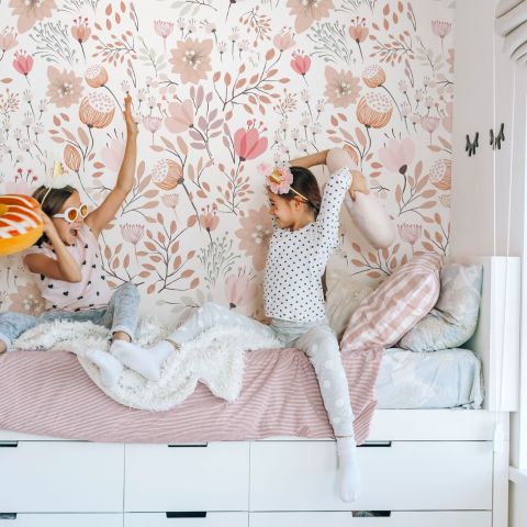 Kids Soft Light Pink / Blue Wildflowers Floral Pattern Wallpaper Mural