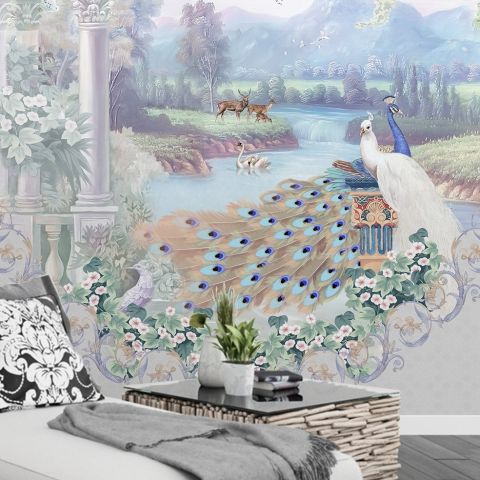 Abstract Lake Landscape and Peacock Wallpaper Mural