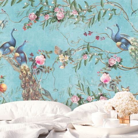 Peacock with Peony Blossom Wallpaper Mural